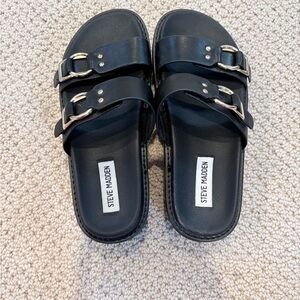 Steve Madden Black Double Buckle Slides